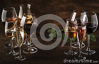 Wine tasting, still and sparkling wines. Red, white wine, rose and champagne ÑˆÑ‚ assortment in wine glasses on vintage wooden Stock Photo